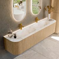 Mondiaz KURVE-DLUX 190 cm Onderkast Greeploos 2 Lades Met Deuren Oak, Wastafel Solid Surface Dubbel Frappe 2 Kraangaten Zonder Spiegel (KRVSTS190L+R2L2D2KD-Oak/Fra)