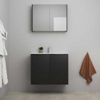 On-Line Badkamermeubelset - 80 cm - Bouwpakket - 2 Deuren met Greep - Porseleinen Wastafel - 1 Kraangat - Spiegelkast - Mat Zwart