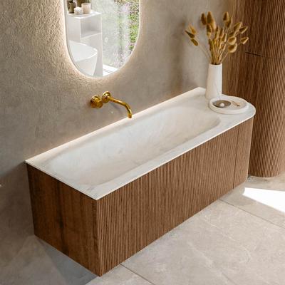 Mondiaz KURVE-DLUX 125 cm Onderkast Greeploos 1 Lade Met Deuren Walnut, Wastafel Solid Surface Links Opalo 0 Kraangaten Zonder Spiegel (KRVBGM125R1L1D0KL-Wal/Opa)