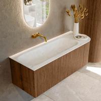 Mondiaz KURVE-DLUX 125 cm Onderkast Greeploos 1 Lade Met Deuren Walnut, Wastafel Solid Surface Links Opalo 0 Kraangaten Zonder Spiegel (KRVBGM125R1L1D0KL-Wal/Opa)