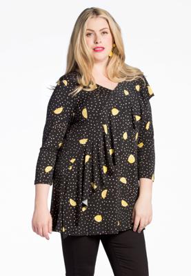 Yoek Tuniek flare met volant LEMON | Zwart | Maat Plus