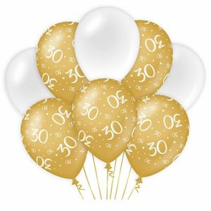 30 jaar leeftijd thema Ballonnen - 8x - goud/wit - Verjaardag - Versiering/feestartikelen   -