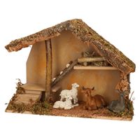 Complete kerststal met dieren beeldjes - 39 x 19 x 28 cm - hout/mos/polyresin - thumbnail