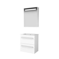 Basic-Line Premium 39 Badkamermeubelset - Ondiep - 60 x 39 cm - Met Grepen - 2 Lades - Keramische Wastafel - 1 Kraangat - Spiegelkast met LED Verlichting - Ice White