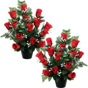 Kunstbloemen plantje rozen/gipskruid in pot - 2x - rood - H35 cm - Bloemstuk - Bladgroen