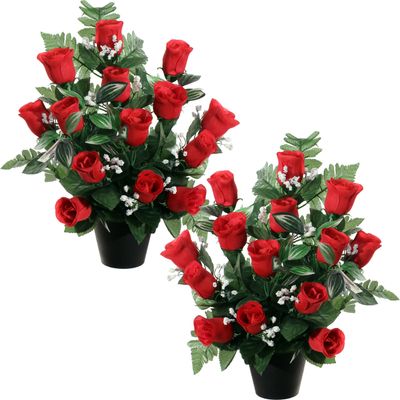 Kunstbloemen plantje rozen/gipskruid in pot - 2x - rood - H35 cm - Bloemstuk - Bladgroen