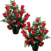 Kunstbloemen plantje rozen/gipskruid in pot - 2x - rood - H35 cm - Bloemstuk - Bladgroen