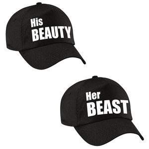 Zwarte kadopetten / cadeau caps Her Beast en His beauty met witte tekst koppels / bruidspaar / echtpaar voor volwassenen
