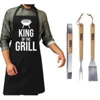 Luxe barbecue gereedschap set met houten handgrepen 3-delig RVS met zwart schort King of the grill - thumbnail