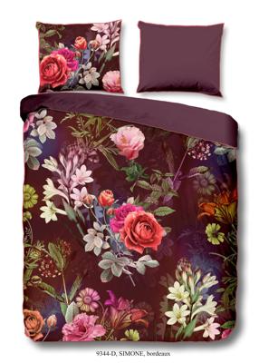 Descanso Dekbedovertrek "bloemen" - Bordeaux - (140x200/220 cm) - Biologisch Katoen satijn