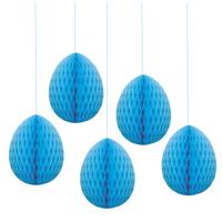 Pasen thema versiering - 5x - papier - hangend paasei van 20 cm aan koord - blauw