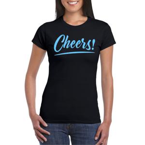 Verkleed T-shirt voor dames - cheers - zwart - blauwe glitter - carnaval/themafeest