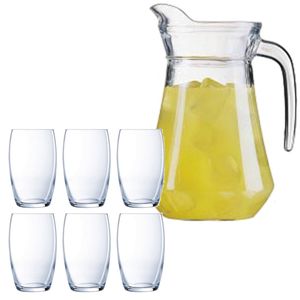 Luminarc schenkkan/waterkan van glas 1.6 liter met 6x waterglazen van 375 ml - Schenkkannen