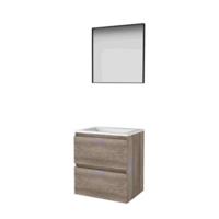 Basic-Line Framed 46 Badkamermeubelset - 60 x 46 cm - Greeploos - 2 Lades - Acryl Wastafel - 1 Kraangat - Spiegel met Zwart Aluminium Frame - Scotch Oak