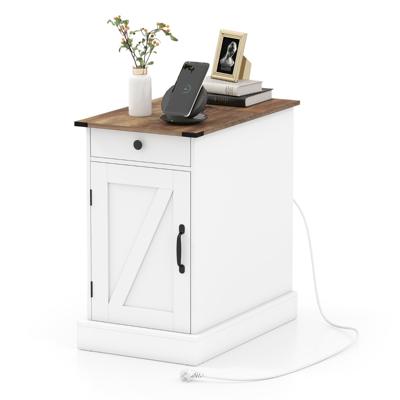 Bijzettafel Dressoir Met Oplaadstation Nachtkastje Met Neerklapbaar Tafelblad-Wit