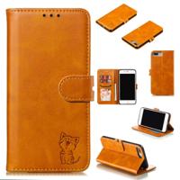 iPhone 7 Plus & 8 Plus horizontaal Kat patroon PU leren Flip Hoesje met houder foto frame en opbergruimte voor pinpassen & geld (geel)