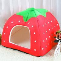 Aardbei vormige opvouwbare korte pluche huisdier huis nest maat: XS Aardbei vormige opvouwbare korte pluche huisdier huis nest maat: XS