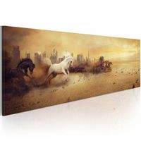 Schilderij - Paarden in de Stad, wanddecoratie, 2 maten,  beige wit ,print op canvas, 1luik - thumbnail