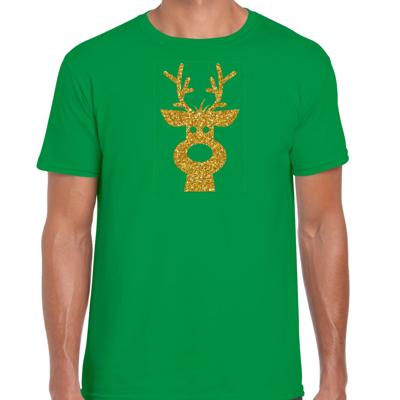 Kerst verkleed T-shirt voor heren - groen - Rendier hoofd - glitter goud - Kerstkleding