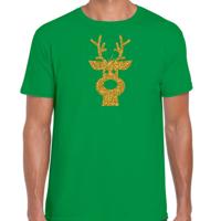 Kerst verkleed T-shirt voor heren - groen - Rendier hoofd - glitter goud - Kerstkleding