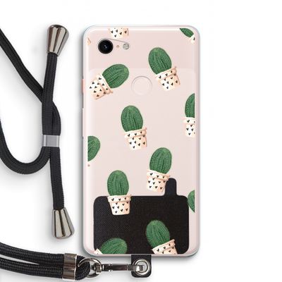 Cactusprint roze: Pixel 3 XL Transparant Hoesje met koord