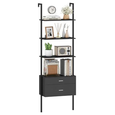 6-laags Ladderrek met 2 Lades Wandgemonteerde Boekenplank met Metalen Frame Zwart