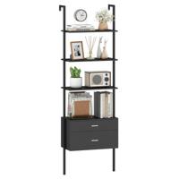 6-laags Ladderrek met 2 Lades Wandgemonteerde Boekenplank met Metalen Frame Zwart