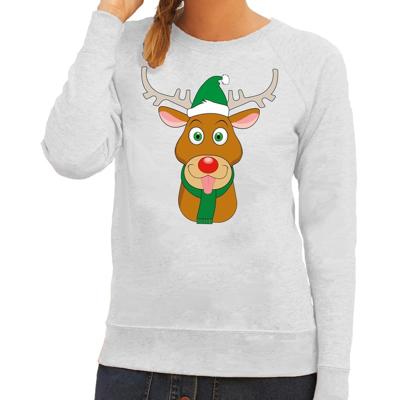 Foute kersttrui - sweater - Rudolf het rendier met grijse kerstmuts - rood - voor dames
