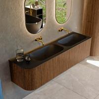 Mondiaz KURVE 165 cm Onderkast Greeploos 2 Lades Met Deuren Walnut, Wastafel Solid Surface Rechts Urban 0 Kraangaten Zonder Spiegel (KRVBGS165L2L1D0KD-Wal/Urb)
