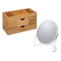 5Five Make-up organizer en spiegel set - lades/vakjes - bamboe/metaal - 5x zoom spiegel - Make-up dozen - thumbnail