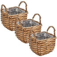 Set van 3x stuks bloempotten/plantenbakken riet/rotan mand met handvaten vierkant 15 x 15 x 14 cm