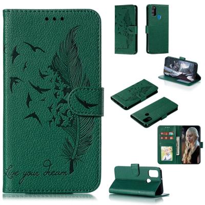 Voor Galaxy M30s Feather patroon Litchi textuur horizontale Flip lederen draagtas met houder & portemonnee & kaartsleuven (groen)