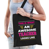 Awesome teacher / geweldige juf katoenen tas - zwart - 42 x 38 cm - Feest Boodschappentassen - thumbnail
