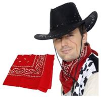 Cowboy verkleed set heren - Cowboyhoed zwart suede look - met rode western zakdoek - carnaval