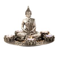 Boeddha beeldje met 5 kaarshouders op schaal - kunststeen - zilver - 27 x 20 cm - deco artikel   -