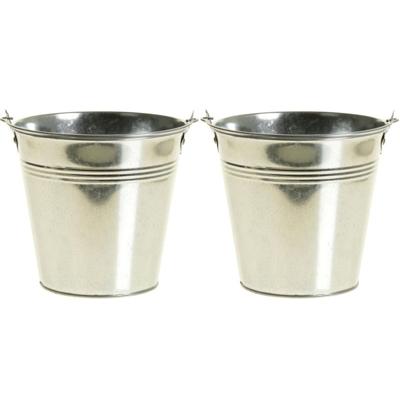 Zinken emmertje/bloempotje - 2x - zilver - 14 x 12 cm - Mini decoratie emmer