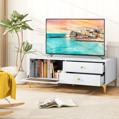 TV-Meubel voor 55-Inch TV TV-Console met Opklapbare Deur van Gehard Glas en Metalen Poten Modern Entertainmentcentrum Lichtgrijs