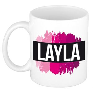 Naam cadeau mok / beker Layla met roze verfstrepen 300 ml