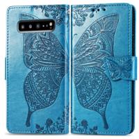 Butterfly Love bloemen reliëf horizontale Flip lederen case voor Galaxy S10 5G met houder & kaartsleuven & portemonnee & Lanyard (blauw)