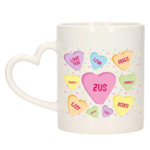 Cadeau koffie/thee mok voor zus - pastel - hartjes oor - de liefste zus - keramiek - 300 ml