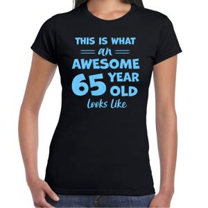 Verkleed T-shirt voor dames - leeftijd 65 jaar - awesome - zwart - glitter blauw - Verjaardagsfeest