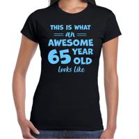 Verkleed T-shirt voor dames - leeftijd 65 jaar - awesome - zwart - glitter blauw - Verjaardagsfeest - thumbnail