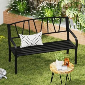 128 cm Metalen Tuinbank Moderne Bank met Latten voor 2-3 Personen Gebogen Armleuningen Stevige Zitplek voor Buiten