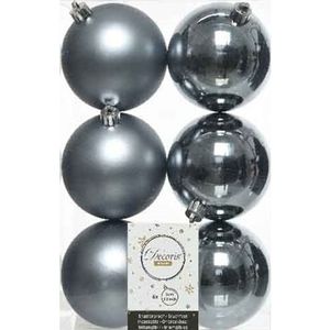 6x Kunststof kerstballen glanzend/mat grijsblauw 8 cm kerstboom versiering/decoratie   -