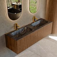 Badmeubel Mondiaz Kurve-Dlux | 150 cm | Meubelkleur Walnut | Wastafelkleur Lava | Solid surface | Dubbele spoelbak | 2 kraangaten Badmeubel Mondiaz Kurve-Dlux | 150 cm | Meubelkleur Walnut | Wastafelkleur Lava | Solid surface | Dubbele spoelbak | 2 kraangaten