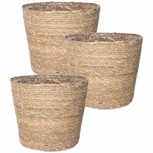 Steege Plantenpot - Set van 3x stuks - beige - gevlochten zeegras - D22 x H19 cm - plastic binnenkan