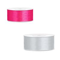 Bellatio decorations 2x rollen satijn cadeaulint/sierlint - 2.5 cm x 25 meter - roze en zilver