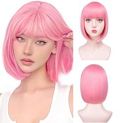 korte bob pruiken met pony - rechte bob pruik voor dames 12 inch synthetische pruik hittebestendig vezelhaar natuurlijke halloween cosplay party pruiken Lightinthebox