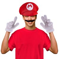 Funny Fashion Loodgieter Mario verkleedset - snor/handschoenen/pet - voor volwassenen - Verkleedattributen - thumbnail