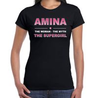 Naam cadeau t-shirt / shirt Amina - the supergirl zwart voor dames - thumbnail